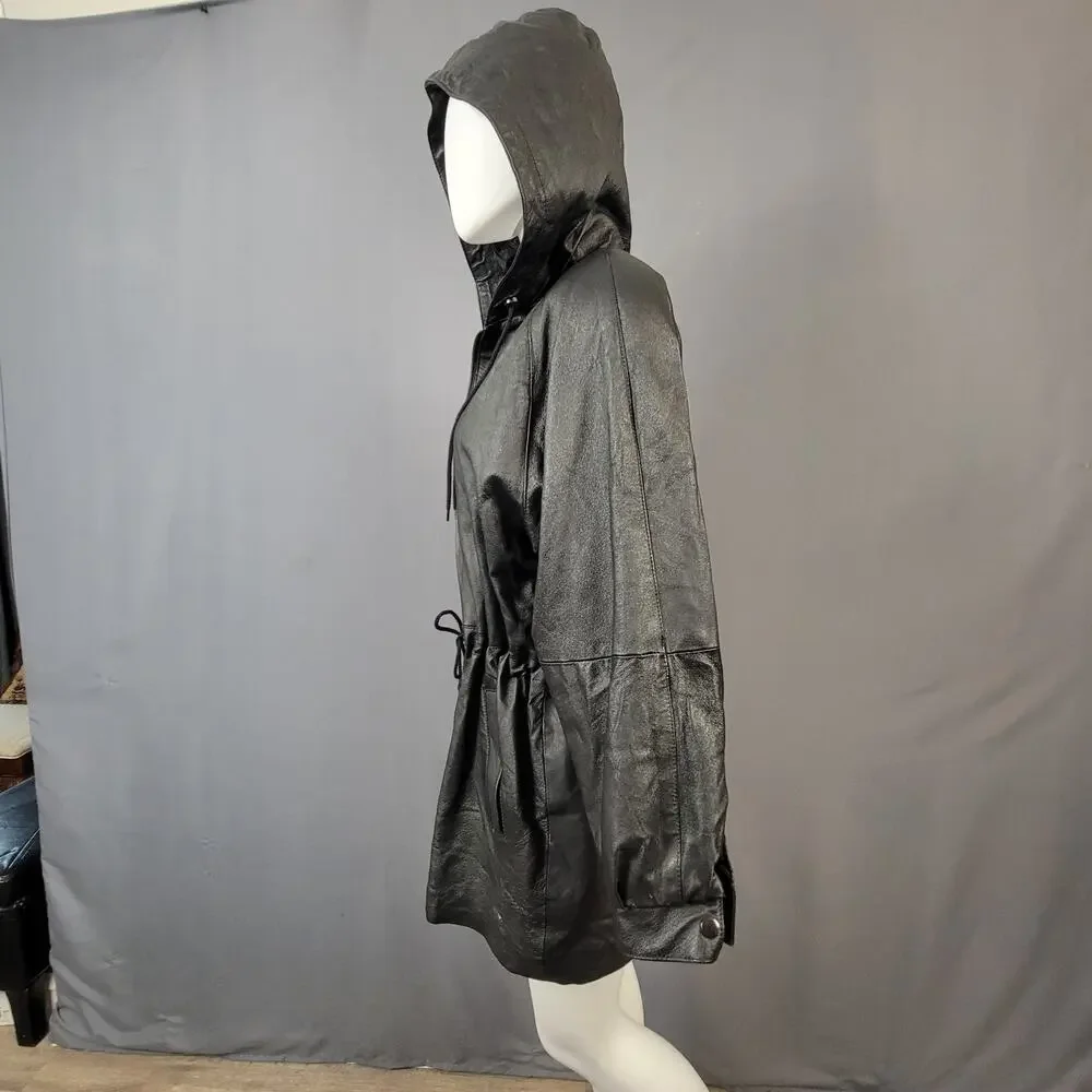 ADA Classics Vintage Brown Leather Hooded Coat with Drawstring Waist